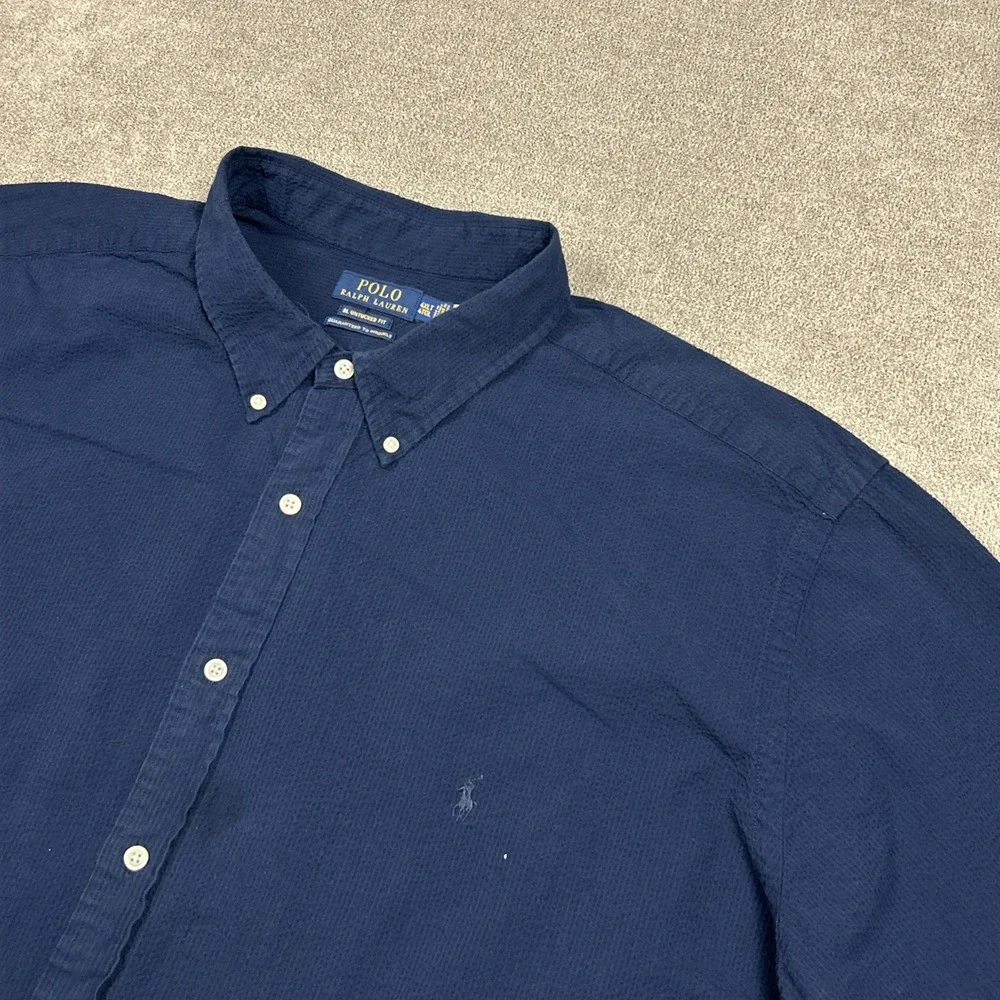 Polo Ralph Lauren Seersucker Shirt Mens 4XLT Untucked Fit Navy Button Up Pony